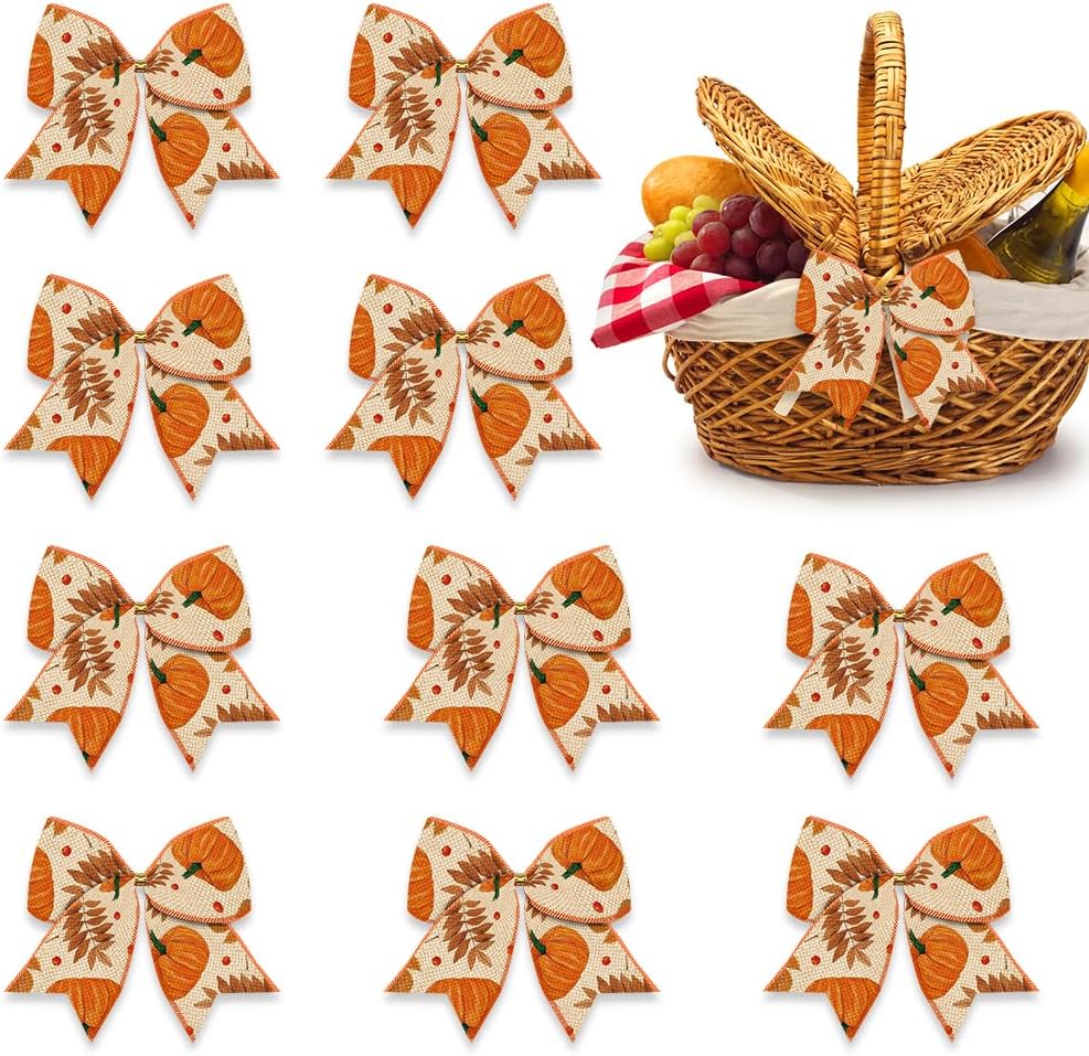 Bows & Ribbons - 10PCS Fall Wreath Bows Thanksgiving Bows Pumpkin Leaves Rustic Farmhouse Burlap Linen Bows for Wreath, Autumn Ribbon Bows for Thanksgiving Party Home Indoor Outdoor Decoration Wreath Ornament Supplies