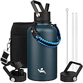 Konokyo Half Gallon Insulated Water Bottle with Straw,64 oz 3 Lids Water Jug with Carrying Bag,Paracord Handle,Double Wall Vacuum Stainless Steel Metal Flask,Navy Blue