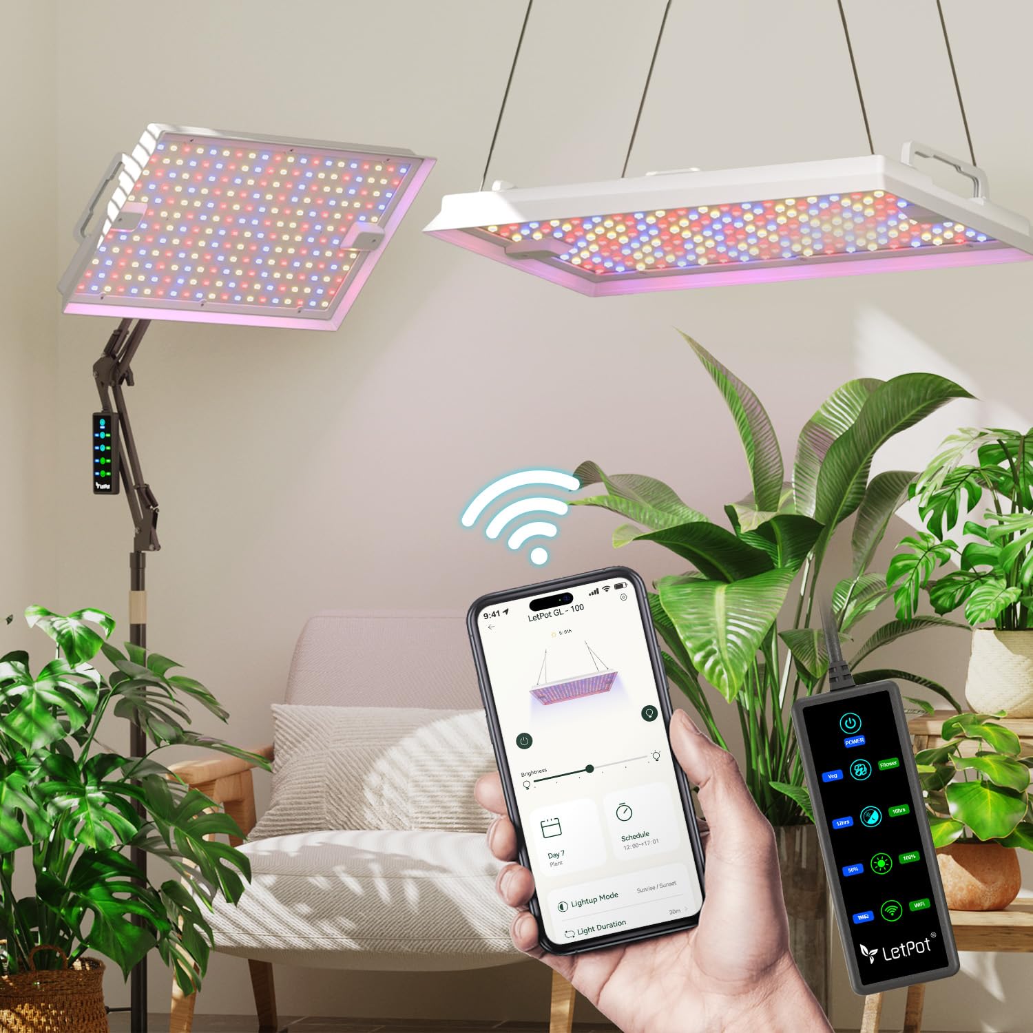 Photo 1 of LETPOT 100 Watt (Max 120W Output) Grow Lights for Indoor Plants Full Spectrum, Smart APP, 8-Level Adjustable Light, Hanging & Standing, 270° Foldable, 360° Rotation, 2x3,3x4,18000 Lumens, High ppfd