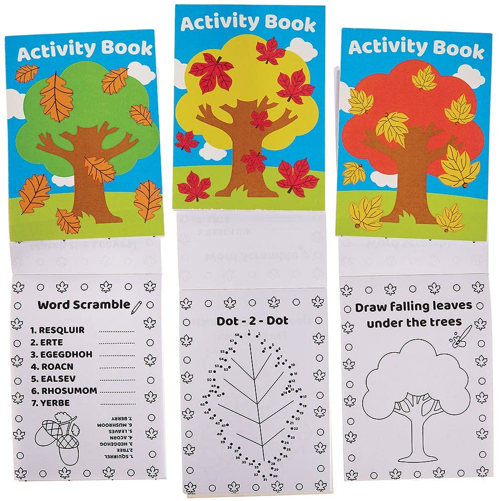 Baker Ross FX193 Autumn Mini Activity Books - Pack of 12, Entertaining Travel Activities, Party Favours, and Colouring Books for Children, Autumn