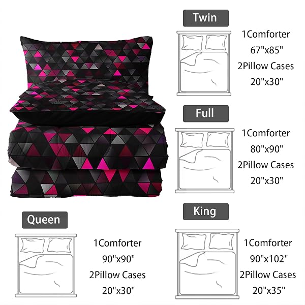 NTTOPSHIP GEOMETRIC PINK BLACK COMFORTER SET,TRIANGLE HONEYCOMB 3 PCS BEDDING SET FULL SIZE FOR TEEN ADULT,MODERN QUILT SET GEOMETRY DECOR,MICROFIBER LIGHTWEIGHT 1 COMFORTER 2 PILLOWCASES