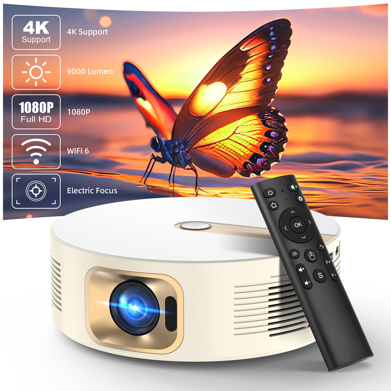 Photo 1 of [Electric Focus/Auto Keystone] BETTDOW Projector with WiFi 6 & Bluetooth 5.0,Native 1080P 4K Support Sealed Projector,9000 Lumen Outdoor Movie Projector for Android/TV Stick/HDMI/USB/Laptop-Beige
