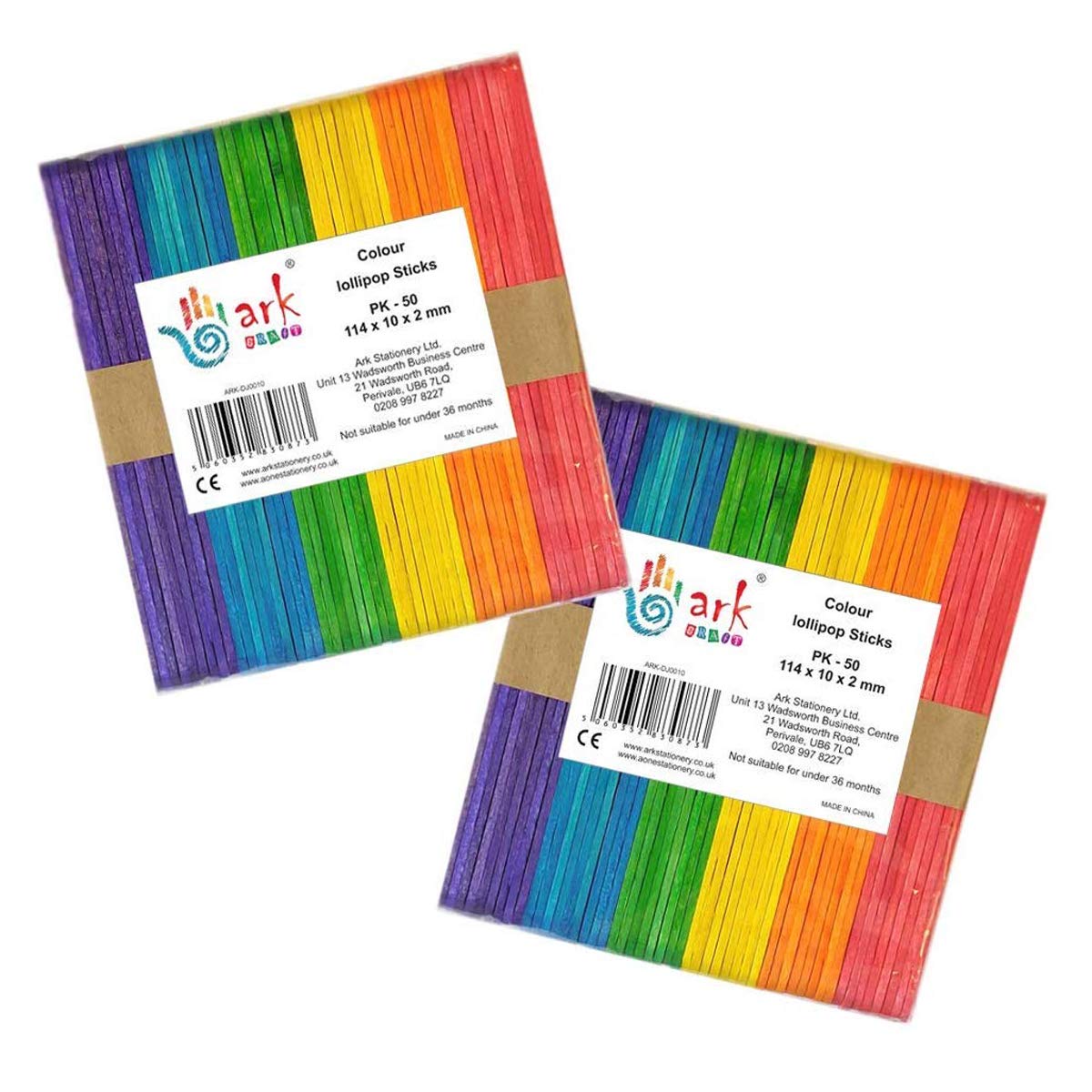 arkCRAFT 2 x 50 Lollipop Craft Sticks 114 x 10 x 2mm (Coloured)