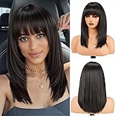 topshe Natural Black Wig with Bangs Straight Layered Wigs for Women Heat Resistant Synthetic Wig Shoulder Length Hair Natural Looking for Daily or Party Use 16 Inch
