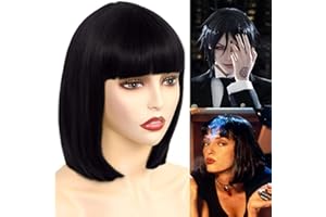 Akkya Black Bob Wigs with Bangs for Black Women Short Straight Synthetic Hair Wig for Party Costume Cosplay (12inch,Black)