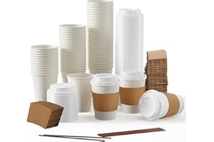 JOLLY PARTY [100 Pack] 12 oz Paper Coffee Cups, Disposable Paper Coffee Cup with Lids, Sleeves, and Stirrers, Hot/Cold Beverage Drinking Cup for Water, Juice or Tea, Suitable for Home, Shops and Cafes