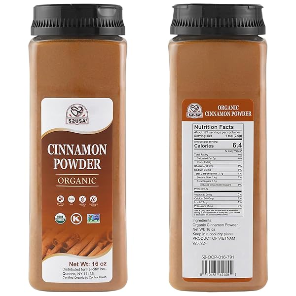 52USA ORGANIC CINNAMON POWDER,1 LB (16OZ),PURE GROUND CINNAMON, 100% CERTIFIED,PREMIUM QUALITY SPICE-GREAT FOR BAKING,COOKING AND DRINKS,ADDITIVE FREE, USDA & KOSHER CERTIFIED, NON-GMO,GLUTEN FREE