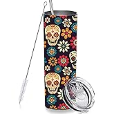 RNFENQS Sugar Skull Skinny Tumblers with Lids and Straws, Mexicanos Day of the Dead Gifts Stainless Steel Vacuum Insulated Travel Tumbler Cups 20 OZ