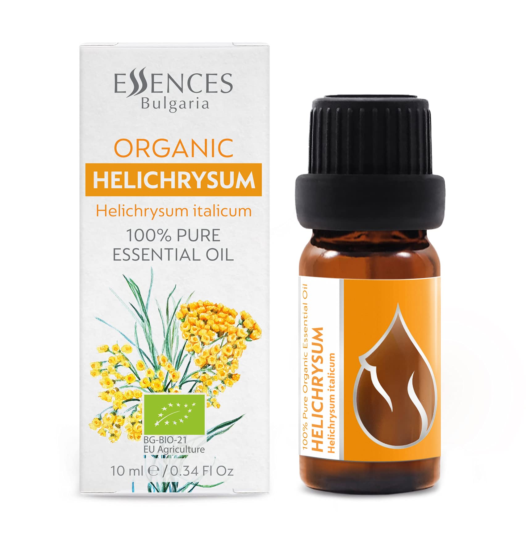 Essences Bulgaria Organic Helichrysum Essential Oil 10ml | Helichrysum italicum | 100% Pure and Natural | Undiluted | Therapeutic Grade | Family Owned Farm | Steam-Distilled | Non-GMO | Vegan