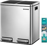 SONGMICS Dual Rubbish Bin 2-Compartment Pedal Bin with Lids 15 L Bags