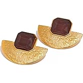 House of Hunter Chunky Gold Vintage Statement Earrings with Brown Stones – Bold Retro Fashion Jewelry for Women