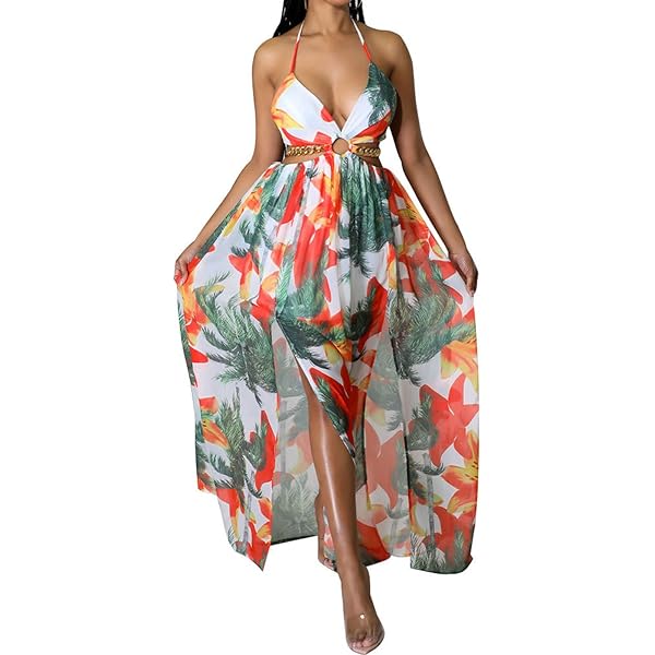 Floral Print Chain Decor Split Thigh Tie Back Cami Dress