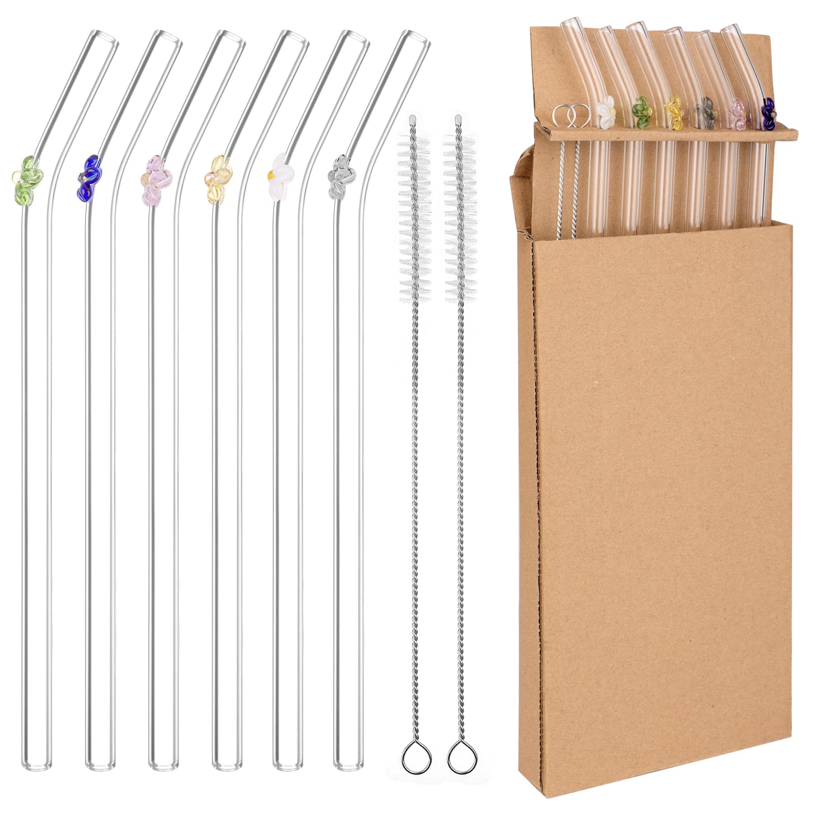 Glass Straw - 6pc Set, Bent Straws, 2 Cleaning Brushes, Clear with Flowers, Perfect for Smoothies, Juice & More