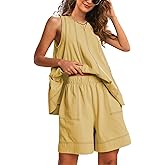 Gozoloma Womens 2 Piece Outfits Sleeveless Matching Sets A Line Tank Tops Contrast Stitching High Waist Shorts with Pockets