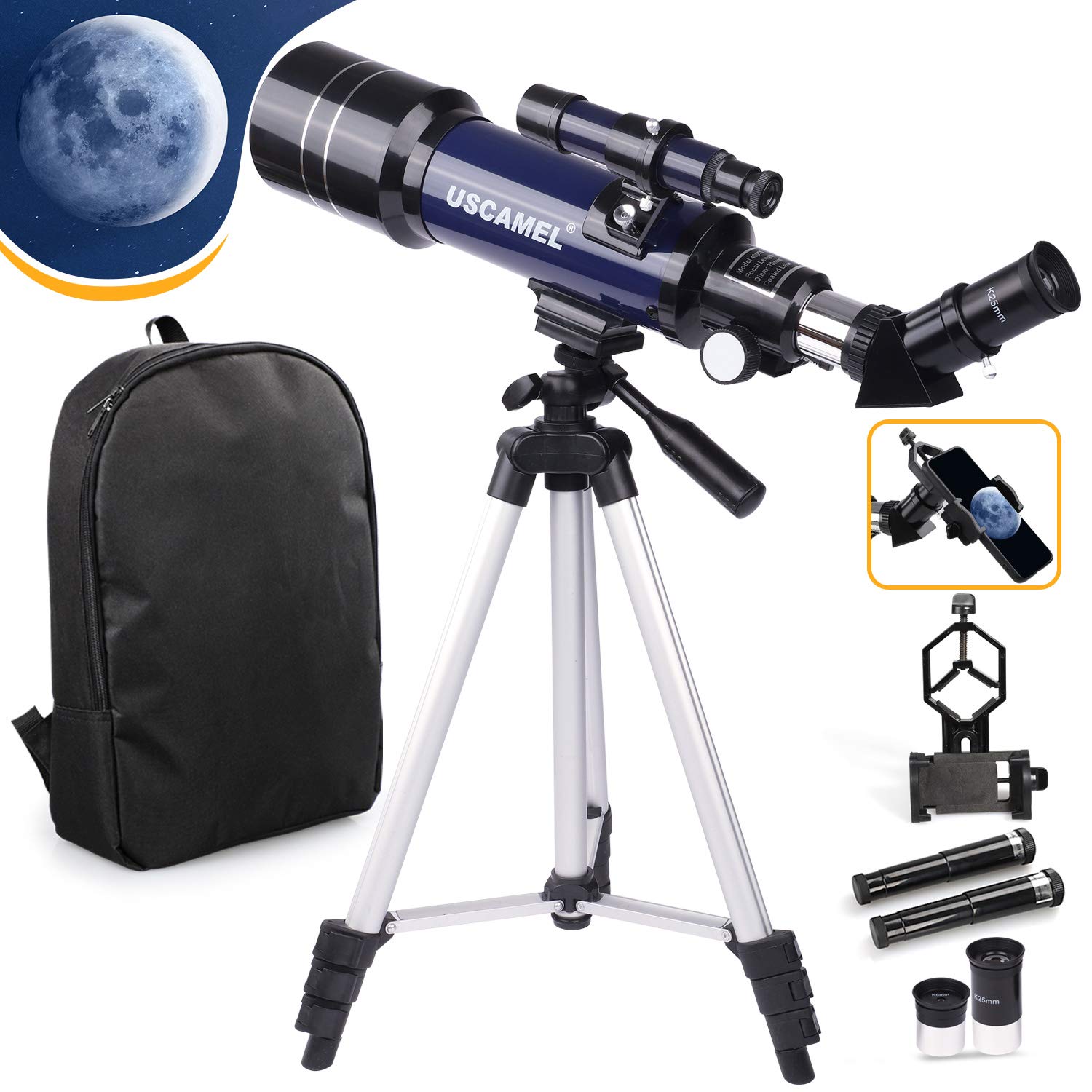 USCAMEL Telescope for Kids Beginners Adults, 70mm Astronomical Refractor Telescope with Adjustable Tripod, Phone Adapter & Backpack, Portable Telescopes for Astronomy