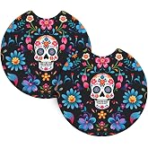 keluki 2PCS Mexican Sugar Skulls Flowers Print Car Cup Holder Coasters,Anti Slip Rubber Mat with Finger Notch for Women Men 2.7 inche