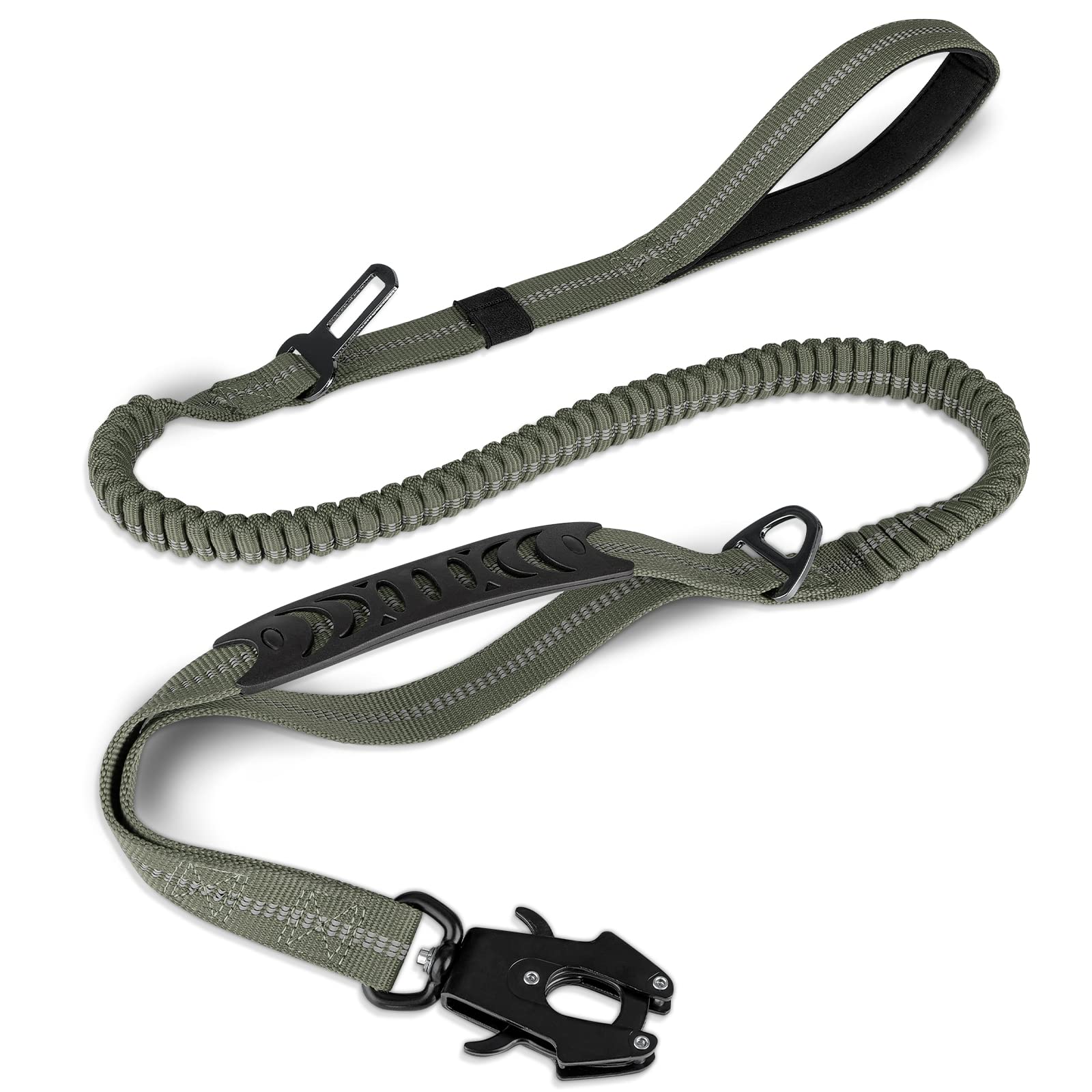 Photo 1 of Joytale Tactical Dog Leash Heavy Duty, 4-6FT Shock Absorbing Bungee Lead with 2 Padded Handle, Metal Carabiner Clip, Car Seatbelt, Strong No Pull Leash for Medium Large X-Large Dogs, Army Green