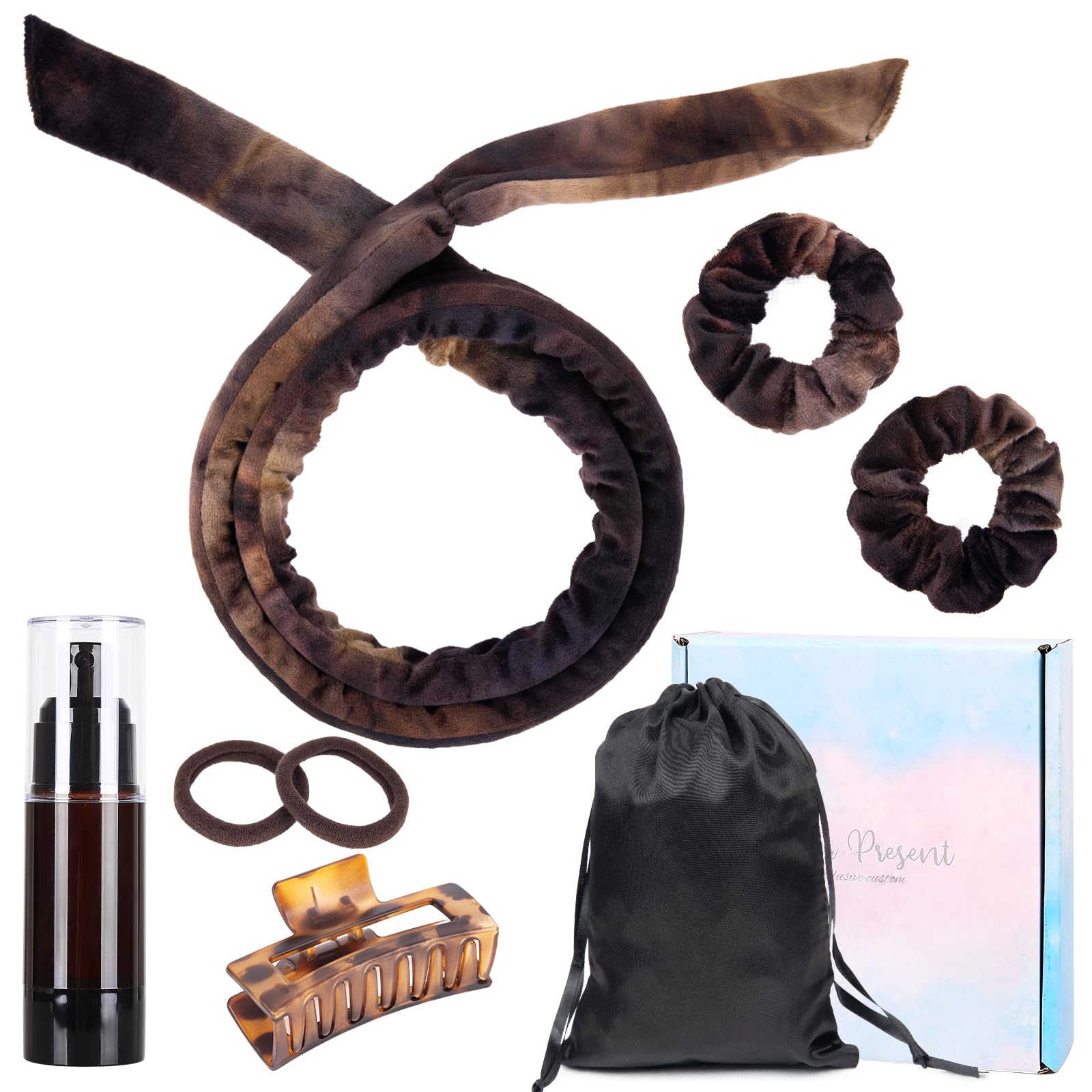 Heatless Curlers Headband, Velour Heatless Curls, Soft and Comfortable Heatless Hair Curlers, Hair Curlers No Heat for Short & Long Hair (Black Brown)