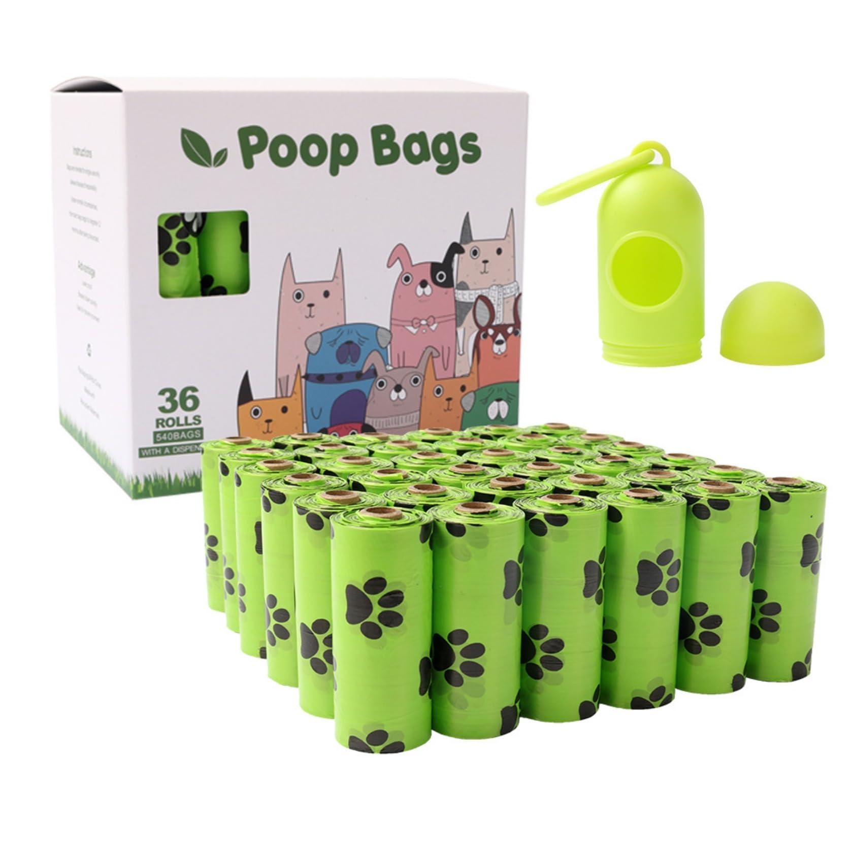NAERSI® Poo Bags for Dog Waste, 36 Rolls/540 Dog Poop Bags, Super Strong 100% Leak Proof Biodegradable Dog Poo Bags with Dispenser (Green-Footprints)