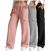 Neer 3 Pack Women's Cargo Sweatpants Wide Leg Baggy Loose Elastic Drawstring Pants Casual Athletic Joggers with 4 Pockets