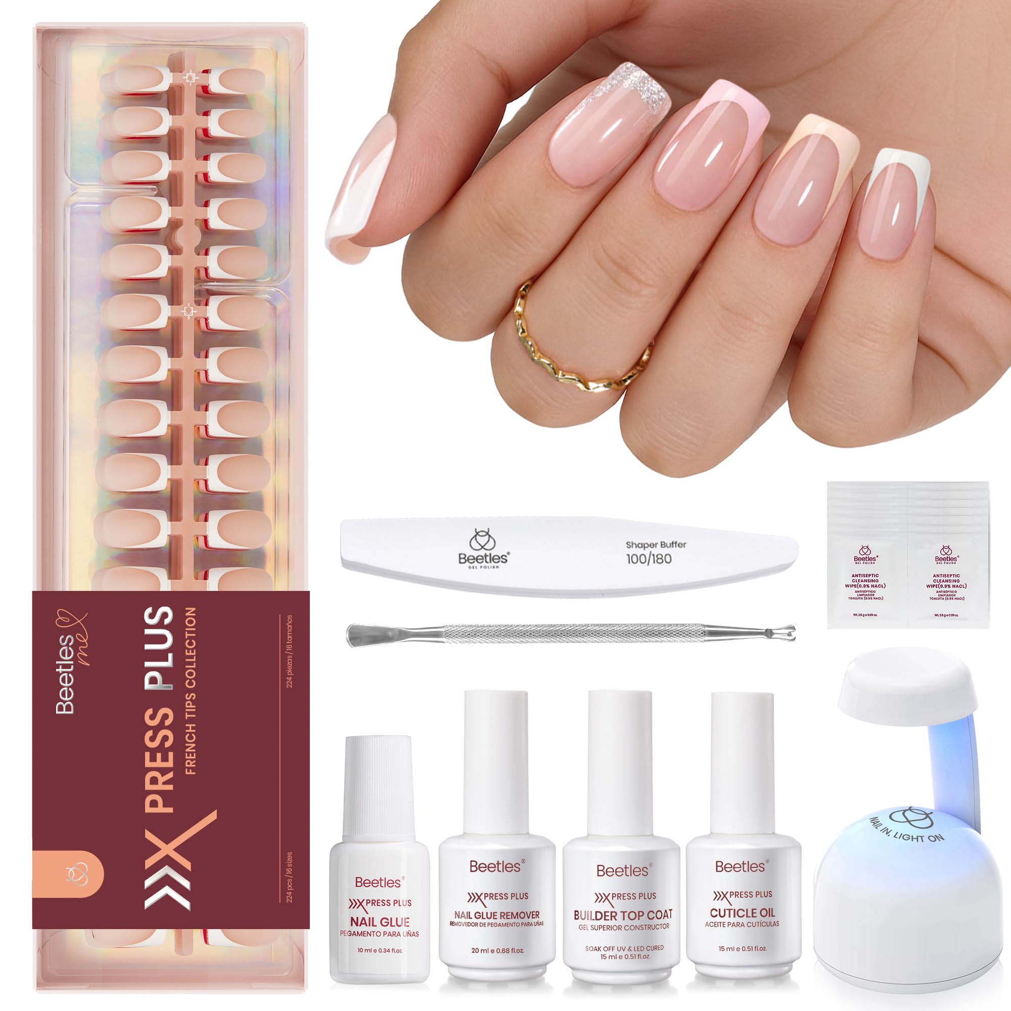 Beetles French Tips Press on Nails Kit: 7Colors-Short Squaval Gel Nail Kit Fake Nails Tips with Nail Glue & Remover Builder Top Coat Mini Lamp，All-in-One DIY Gift for Women Image