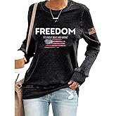 IEPOFG Women's Freedom American Flag Print Round Neck Sweatshirt Long Sleeve USA Freedom Pullover Top A True Patriot Shirt