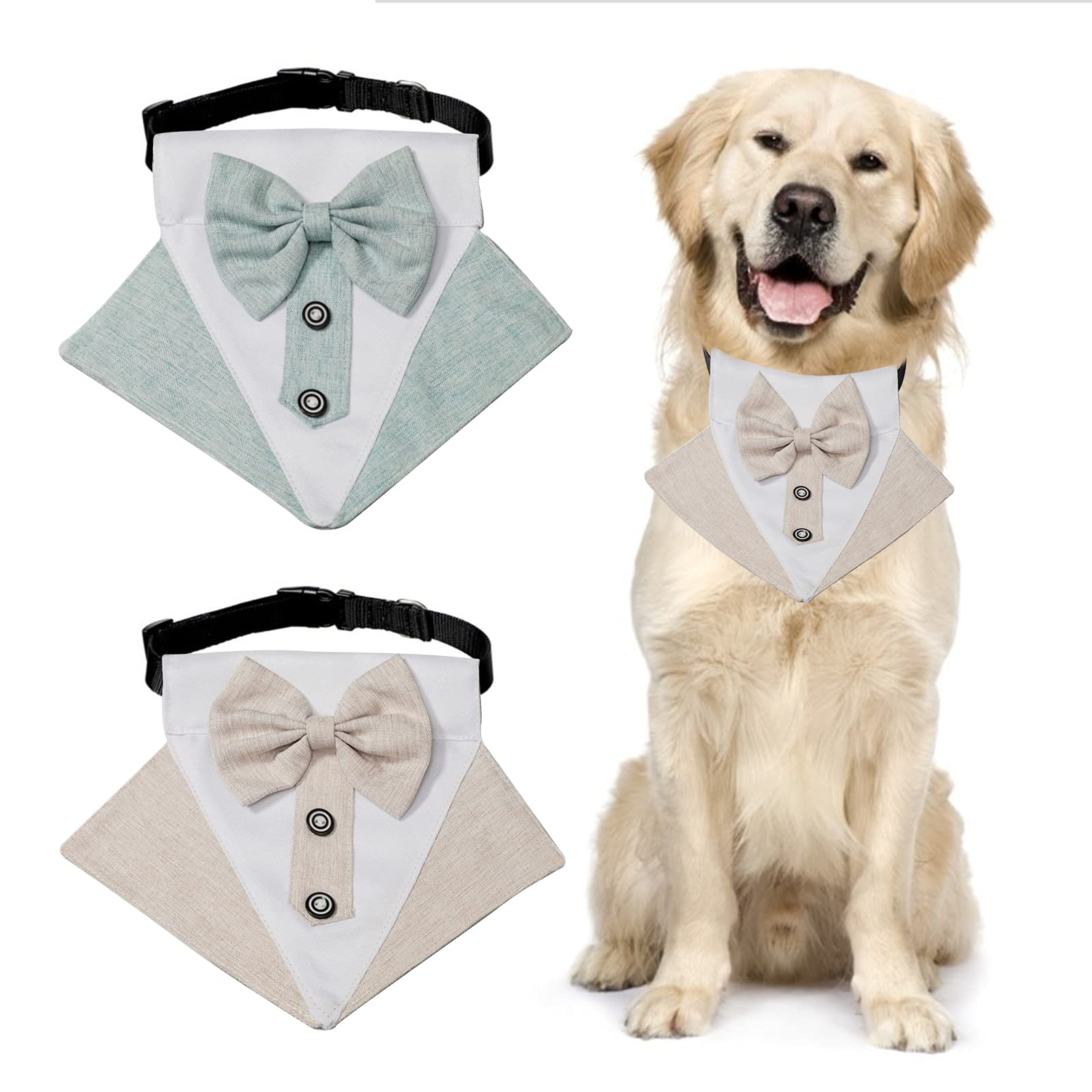 HACRAHO 2 PCS Adjustable Formal Dog Tuxedo Wedding Bandana Collar, Green and Khaki