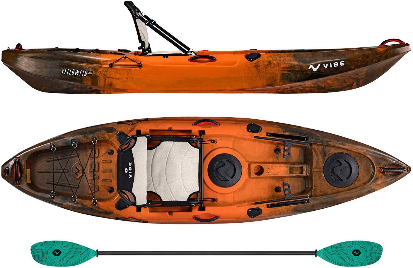 Vibe Kayaks Yellowfin 100 10 Foot Angler Recreational Sit On Top Light Weight Fishing Kayak (Wildfire) with Paddle and Adjustable Hero Comfort Seat - Caribbean Blue Evolve Paddle
