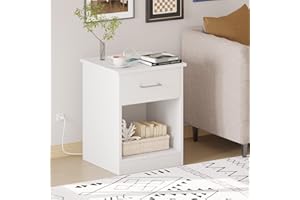 Reettic Nightstand with Charging Station and USB Ports & Power Outlets, Wooden End Table with Drawer and Opening Shelf, Side Table for Bedroom, White RCTG101WE