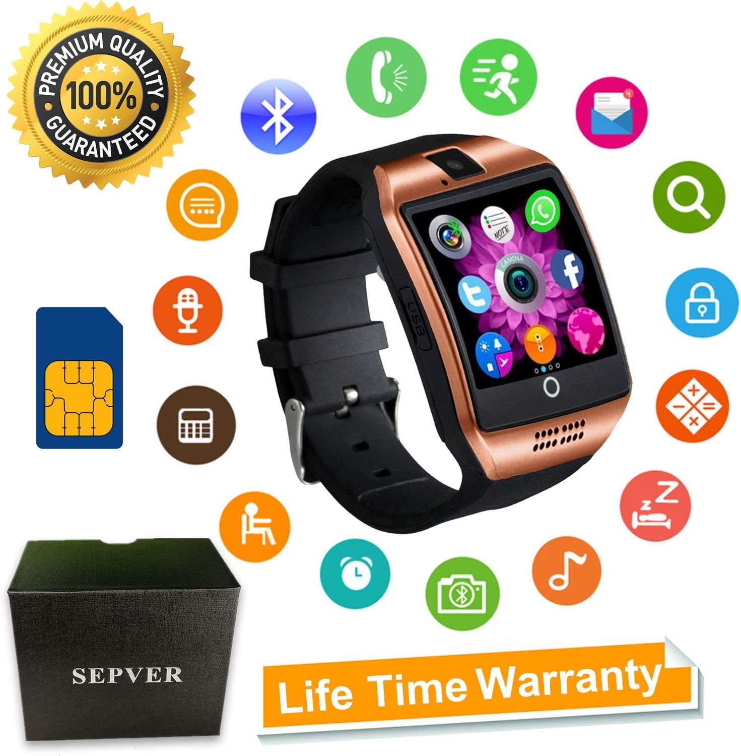 Smart Watch, SN06 Smartwatch with Touch Screen Camera SIM Card Slot Sport Watch Pedometer Fitness Tracker Smart Watches for Samsung Xiaomi Huawei Motorola Android iPhone for Men Women Kids (Gold)