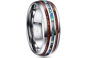 Vakki 6mm/8mm Tungsten Rings for Men Hawaiian Koa Wood Inlay Dome Abalone Shell/Blue Center Wedding Bands Comfort Fit Size 4 to 17