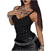 BEAUDRM Women's Punk Rivet Tank Tops Gothic Sleeveless V Neck Grunge Fitted Going Out Top