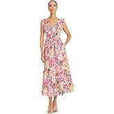 Maggy London Women's Ruffle V-Neck Tiered Midi Pockets-Lightweight Summer Fit and Flare Wedding Guest Dress