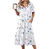 Zeagoo Summer Dress for Women Casual Floral Midi Sundress with Pockets V Neck Pleated Short Sleeve Aline Beach Vacation Dress