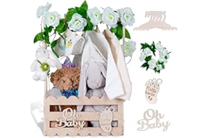 efluky Wooden Baby Shower Crate Closet with Handle,Storage Basket,Baby Clothes Hangers, Newborn Boy Girl Welcome Gift Basket