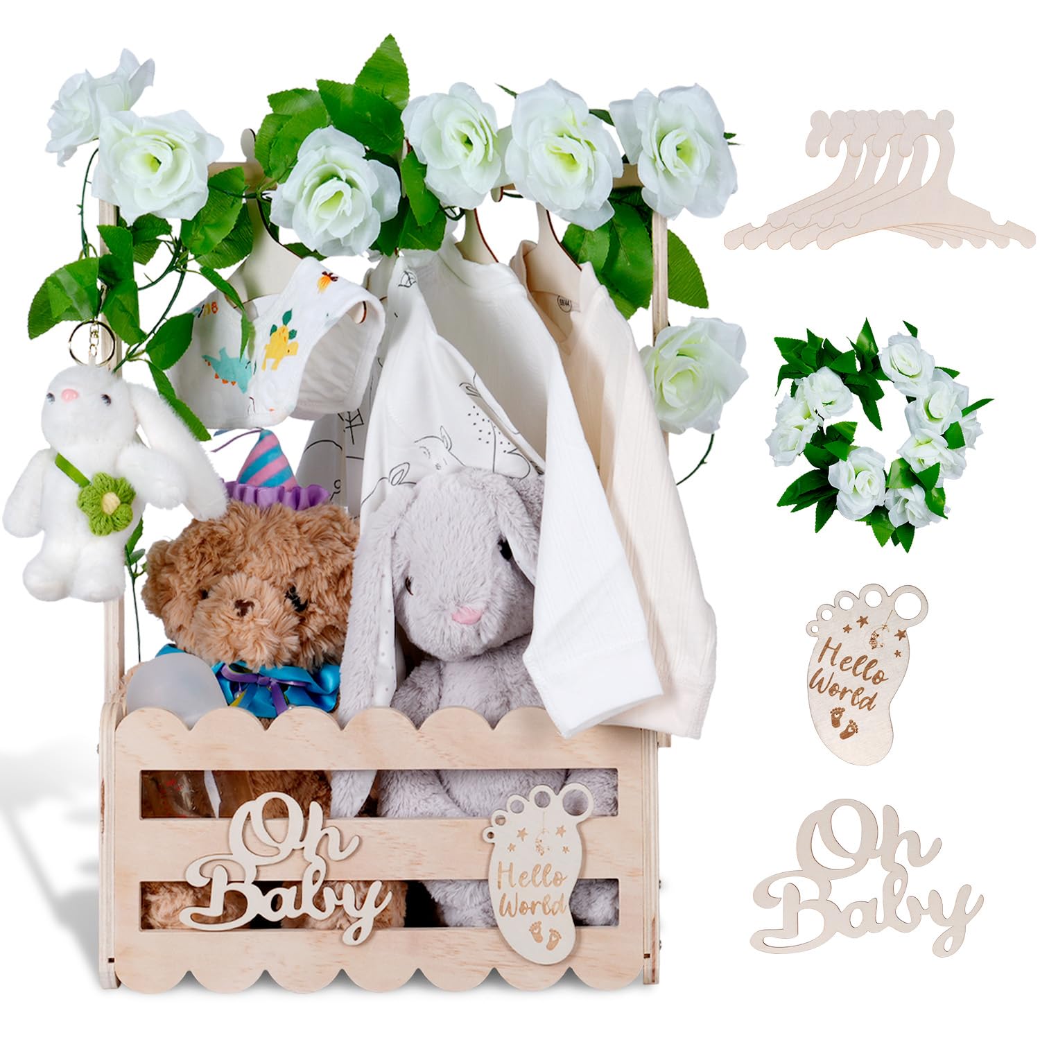 Photo 1 of efluky Wooden Baby Shower Crate Closet with Handle,Storage Basket,Baby Clothes Hangers, Newborn Boy Girl Welcome Gift Basket