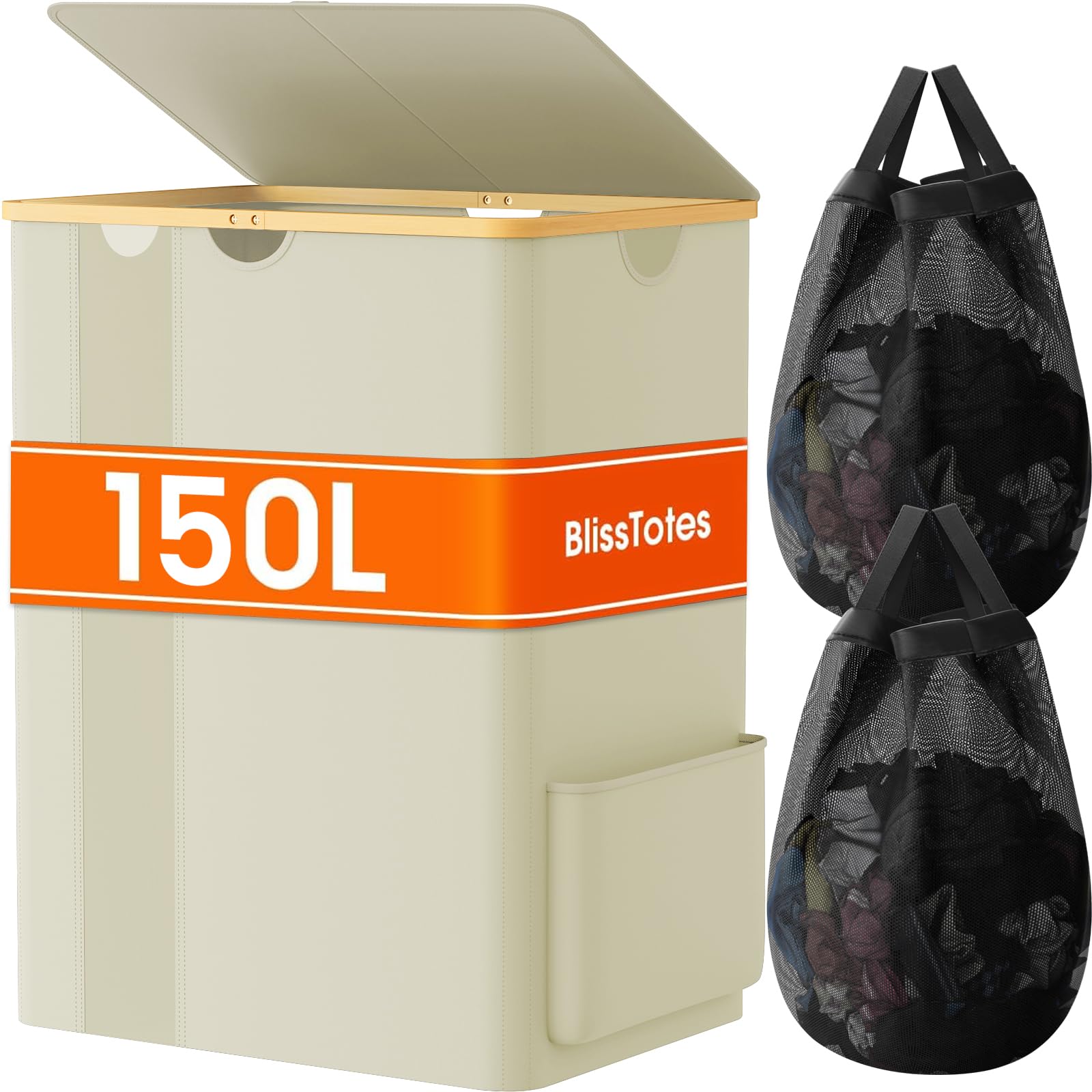 BlissTotes Laundry Basket with Lid, 150L Clothes Laundry Hamper with Handles and 2 Removable Laundry Bag, Breathable Design Hamper with Lid for Bedroom, Bathroom, Dorm, Laundry Room - Beige Image