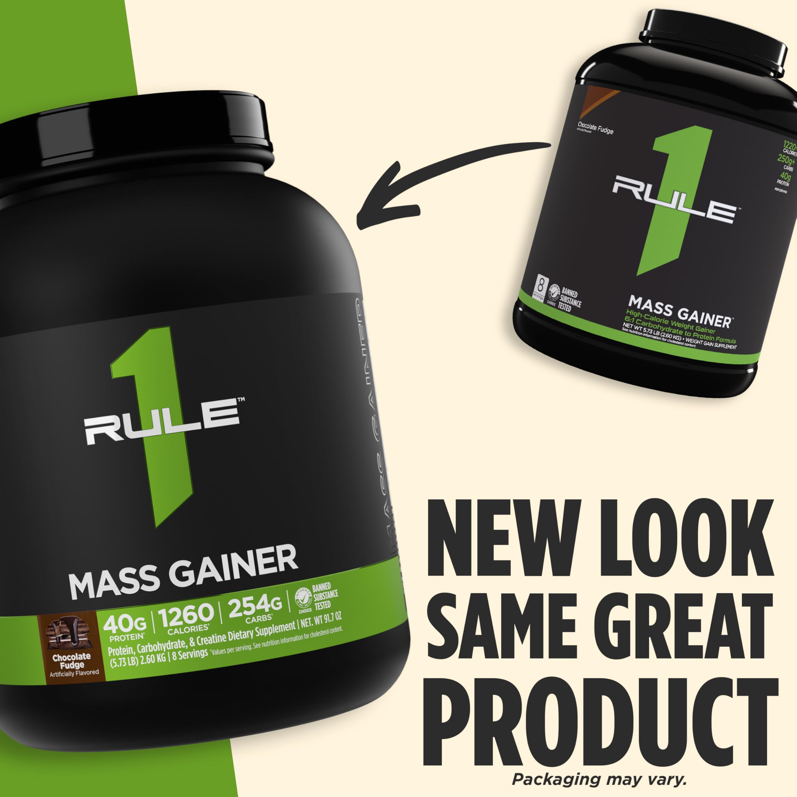 Rule 1 Mass Gainer - High-Calorie Weight Gain Formula with 1,220+ Calories, 250g+ Complex Carb Blend, 40g All-Whey Protein Per Serving (8 Servings, Chocolate Fudge)