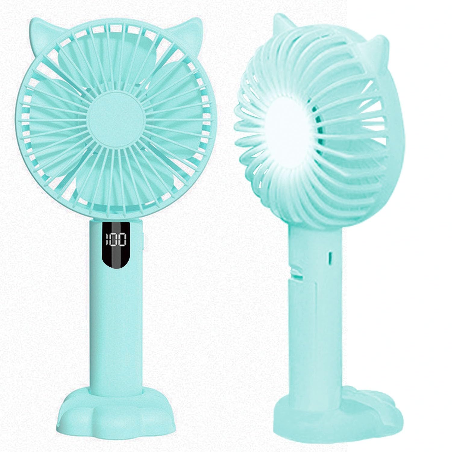 Mini Portable Hand Held Fan, Night Light Handheld USB Rechargeable Fans with 5 Speeds, Cute Cat Design Small Desktop Fans with Digital Display Screen for Home Office Bedroom Outdoor Travel (Blue)