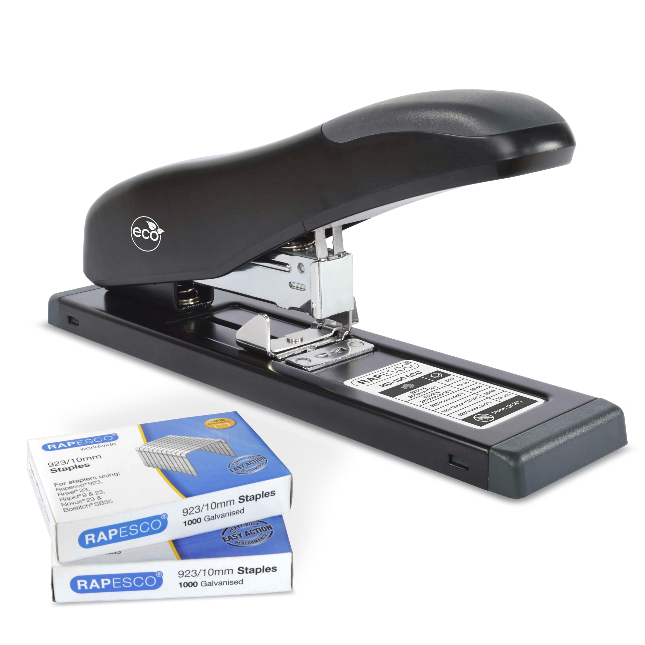 Rapesco 1307 ECO HD-100 Heavy-Duty Stapler with 2000 Type 923/10mm Staples, 100 Sheet Capacity, Black