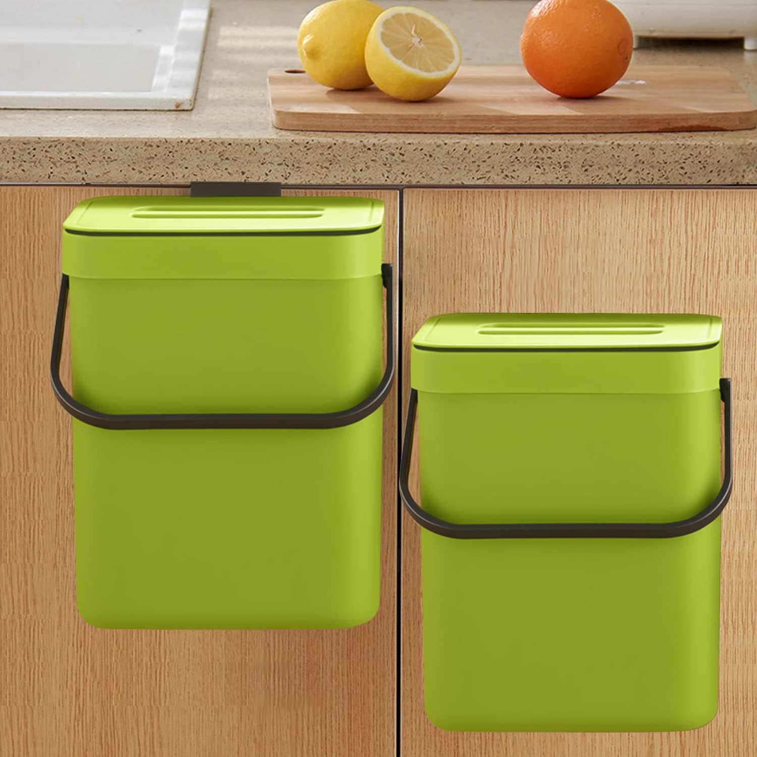 Photo 1 of 1pCLALASTAR Small Plastic Trash Can, Hanging Small Trash Can with Lid Under Sink for Kitchen, Food Waste Bin for Countertop, Mountable Garbage Can for Bathroom, RV, 5L/1.3 Gal, Green