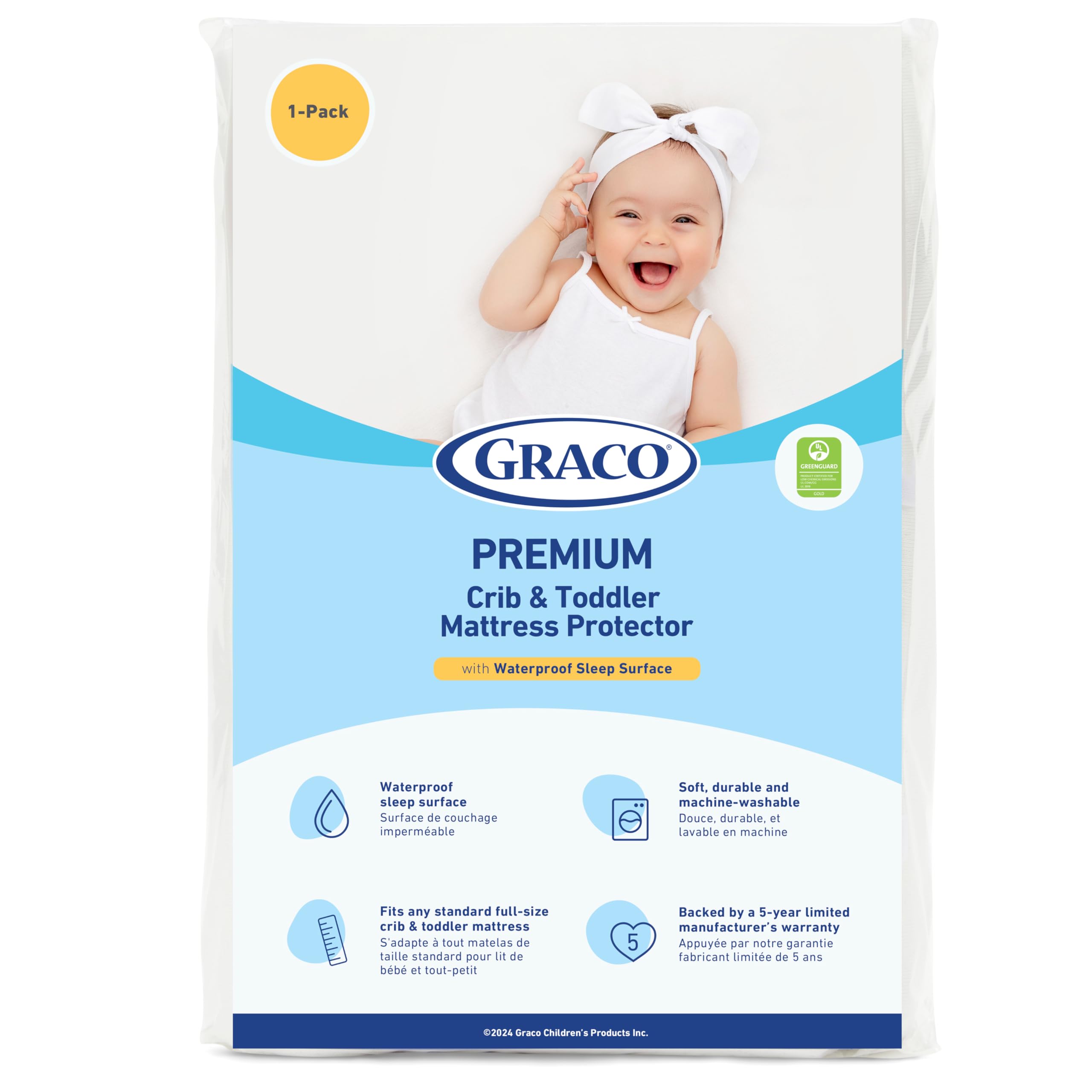 Photo 1 of *MINOR DAMAGE - USED*
Graco Premium Waterproof Crib and Toddler Mattress Protector (1 Pack) – GREENGUARD Gold Certified, Machine-Washable & Dryer-Friendly, Waterproof Sleep Surface, Fits Baby Crib & Toddler Bed Mattress