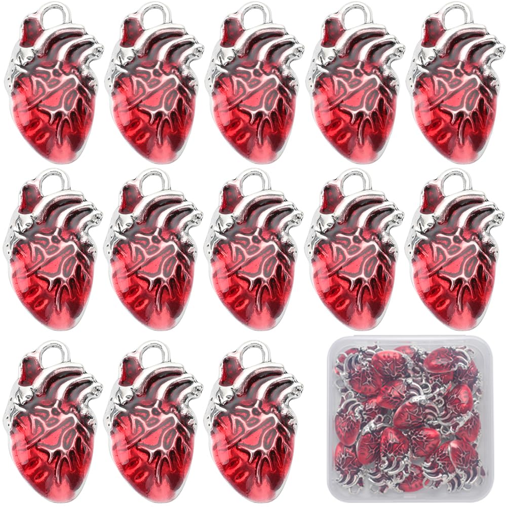 SUNNYCLUE 1 Box 30 Pieces Heart Charms Bulk Alloy Anatomical Red Enamel Metal Antique Silver Gothic 3D Organ Hearts for Jewellery Making Women DIY Necklaces Earrings Bracelets