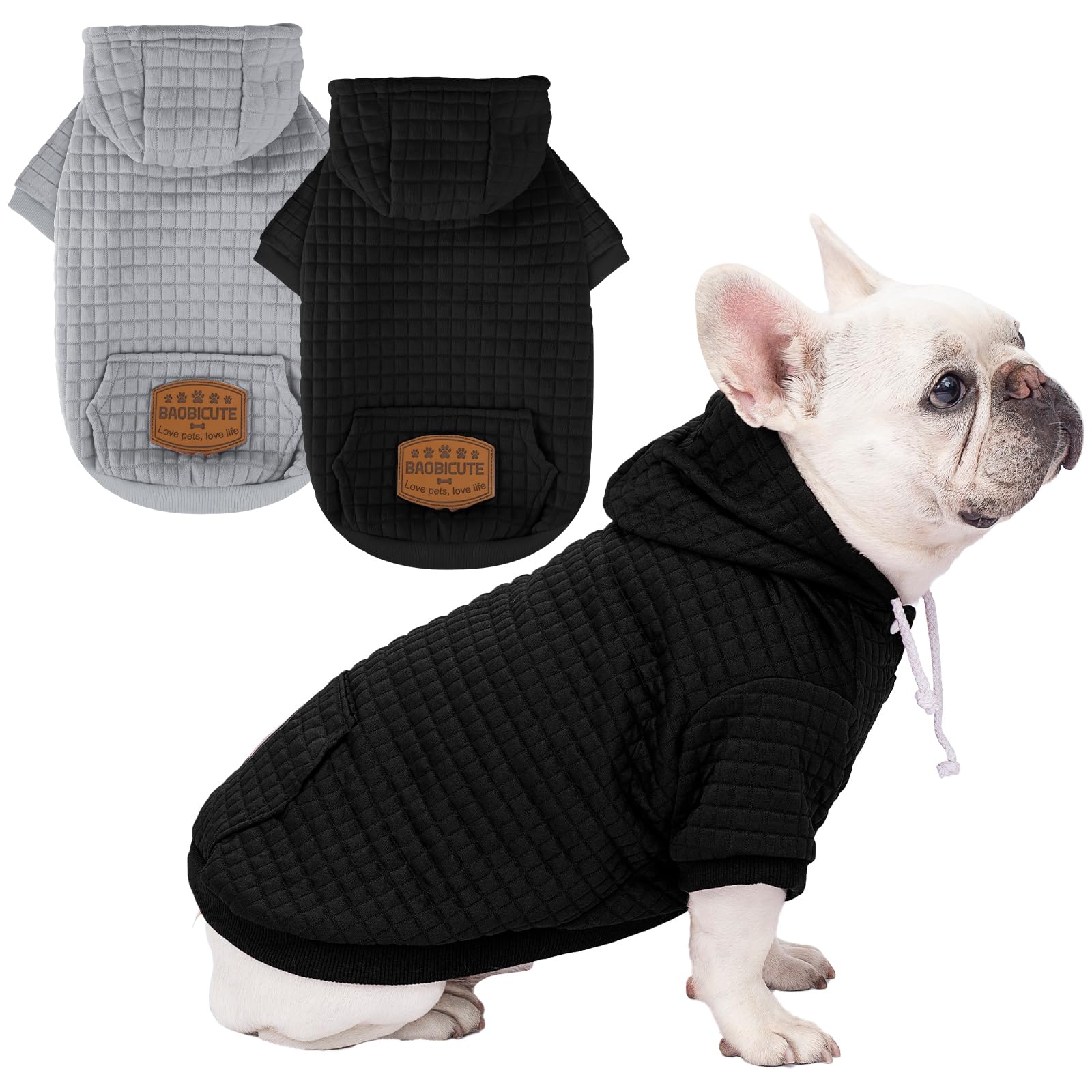 Photo 1 of 2 Pack Dog Hoodie Sweaters for Small Medium Dogs Warm Dog Clothes for Large Dogs Soft Waffle-Like Laminated Sweatshirt Bulldog (Black+Grey, M (Back: 15.5",Chest: 21.6", Neck: 13"))