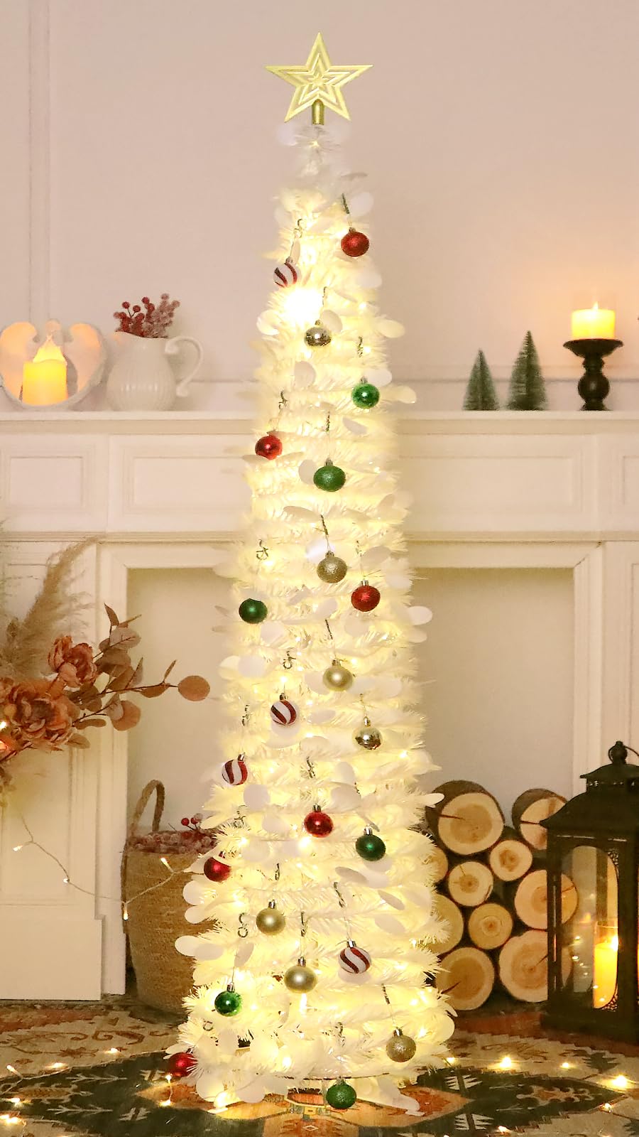 Photo 1 of ***MISSING PARTS*** SINTENILL 5 FT Pop Up Christmas Tree with Timer Lights and Decorations, White Artificial Tinsel Christmas Tree with 24 Ball Ornaments, Collapsible Pencil Tree for Home, Office, Holiday Party