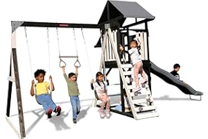 Sportspower Roswell Wooden Swing Set: Play Fort, Bench with Table, Sandbox, Trapeze, and 8' Slide - Black, Green and White