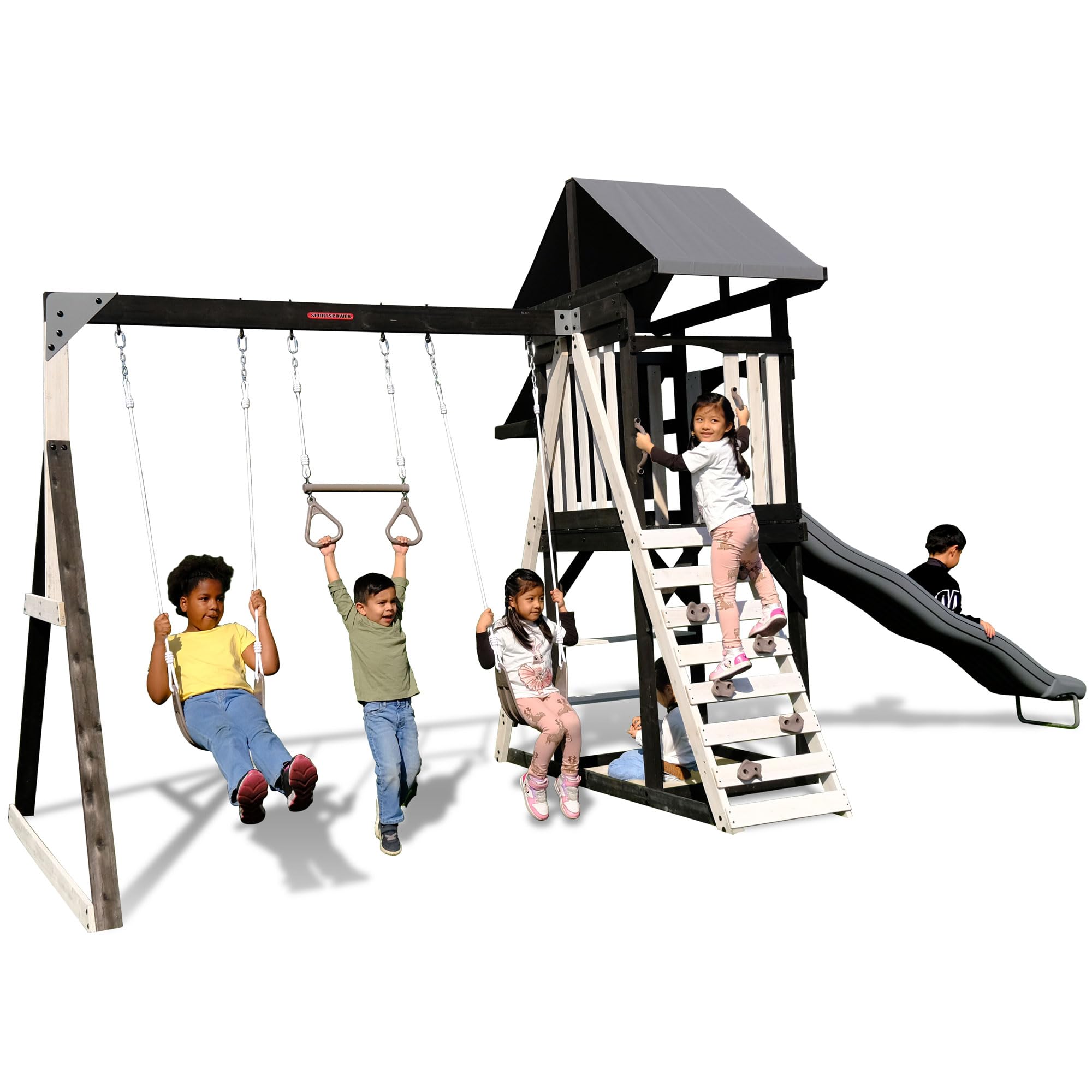Photo 1 of ****THE SET IS NOT COMPLETE / MISSING PIECES AND IT IS UNKNOWN WHICH PART OF THE SET IS MISSING.*******
Sportspower Roswell Wooden Swing Set: Play Fort, Bench with Table, Sandbox, Trapeze, and 8' Slide - Black, Green and White