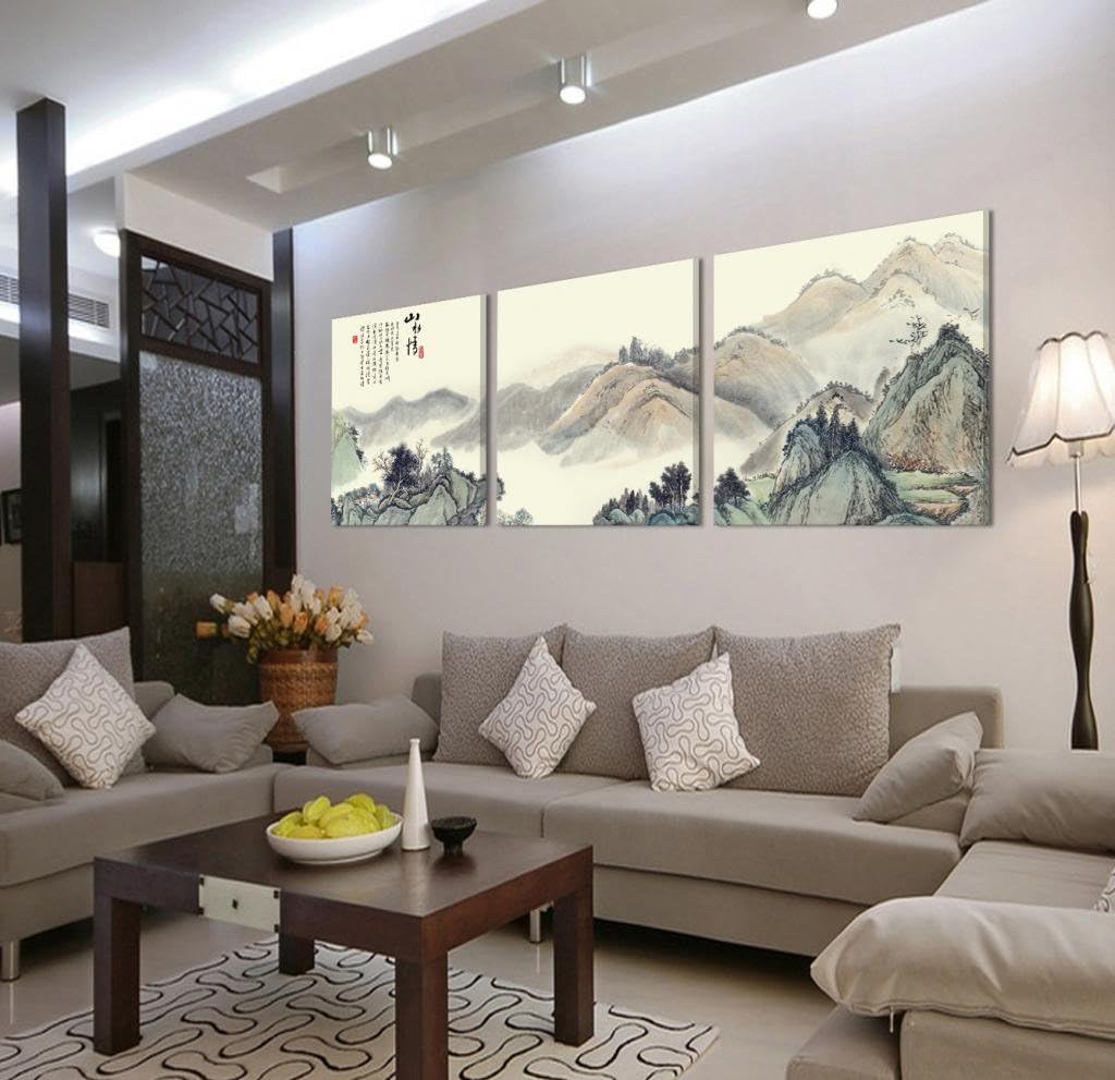 Gallery Canvas Art-3 Piece Oriental Art Landscape Painting Split Canvas Picture of Art Wall Canvas Artwork, Framed, Ready to Hang, All Images on Large, Real Wood Frames #14-174