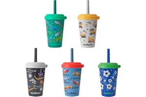 REDUCE GoGo's Kids Portable Tumbler Cups with Lids and Spill-Proof Straws - 5 Pack of Stackable 12 oz Tumblers with Twist-On Lids - Easy Storage, Dishwasher Safe - New Explorer