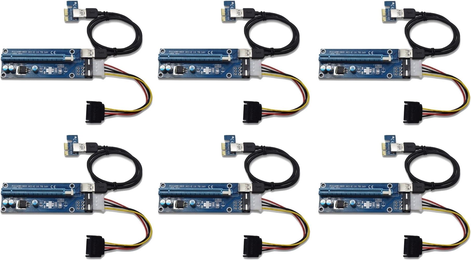 Panto Version 6 4-Pin MOLEX Powered PCI-E PCI Express Riser - VER 006S - 1X to 16X PCIE USB 3.0 Adapter Card - With USB Extension Cable - GPU Graphic Card Crypto Currency Mining (6 pack)